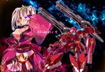  aguy breasts cannon cleavage collarbone comic cowboy_shot dress heterochromia japanese_clothes kimono large_breasts long_sleeves looking_at_viewer mecha obi original pink_eyes red_dress red_hair sash silent_comic solo turret wide_sleeves 