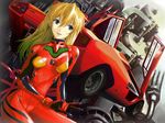  arm_support bangs blue_eyes bodysuit bracer breasts car closed_mouth cowboy_shot dutch_angle engine gloves ground_vehicle hair_between_eyes headgear lamborghini lamborghini_countach light_smile long_hair looking_at_viewer motor_vehicle neon_genesis_evangelion number omai_terasu orange_hair pilot_suit plugsuit red_bodysuit sitting skinny small_breasts smile solo souryuu_asuka_langley straight_hair w 