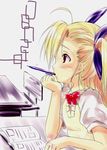  ahoge blonde_hair blue_eyes blush book boshinote bow bowtie desk from_side looking_afar lyrical_nanoha mahou_shoujo_lyrical_nanoha_strikers mouth_hold open_book pencil profile red_bow red_neckwear school_desk solo table thinking upper_body vivio 