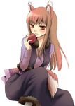  animal_ears apple food fruit holding holding_food holding_fruit holo long_hair oujima_tamaki solo spice_and_wolf tail wolf_ears 