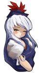  ;) blush closed_mouth hat kamishirasawa_keine laboto long_hair looking_at_viewer looking_to_the_side one_eye_closed puffy_short_sleeves puffy_sleeves short_sleeves simple_background smile solo touhou upper_body white_hair 