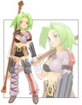  armor asymmetrical_clothes belt blue_eyes buckle green_hair iyokawa knee_pads looking_at_viewer midriff miniskirt multiple_views navel original rod shoes simple_background skirt staff standing stomach upper_body white_background 