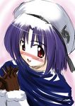  :d beret blush brown_gloves caro_ru_lushe full-face_blush gloves hands_clasped hat long_sleeves looking_at_viewer lyrical_nanoha mahou_shoujo_lyrical_nanoha_strikers open_mouth own_hands_together purple_hair red_eyes short_hair smile solo zerosu_(take_out) 