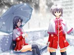  asakura_ryouko capelet company_connection cosplay kanon kyoto_animation multiple_girls nagato_yuki red_skirt school_uniform sentape skirt snow snowing suzumiya_haruhi_no_yuuutsu thighhighs umbrella 