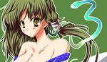  animal asymmetrical_hair bare_shoulders breasts brown_eyes cleavage collarbone detached_sleeves green_hair kochiya_sanae large_breasts long_hair looking_at_viewer orimoto_asami out-of-frame_censoring snake solo touhou 