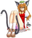  alternate_hair_length alternate_hairstyle animal_ears cat_ears cat_tail chen earrings enoko_(zqfebi) hat jewelry long_hair multiple_tails older orange_hair panties pink_panties solo tail touhou underwear upskirt yellow_eyes 