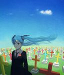  aqua_hair arms_at_sides black_neckwear blue_hair blue_sky blush closed_mouth cloud collared_shirt cross day eyelashes flat_chest floating_hair flower formal grass grave graveyard hair_ribbon hatsune_miku kirobaito long_hair long_sleeves looking_away necktie outdoors red_flower ribbon saihate_(vocaloid) shade shirt sky solo suit twintails upper_body vocaloid white_shirt wind 