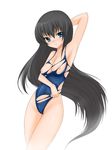  black_hair blue_eyes breasts copyright_request highres long_hair medium_breasts one-piece_swimsuit shima-shuu solo swimsuit torn_clothes very_long_hair 