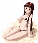  ar_tonelico ar_tonelico_ii arm_support barefoot bikini brown_hair flat_chest goggles goggles_on_head jakuri ket-c long_hair red_eyes sitting solo swimsuit yokozuwari 