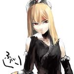 bangs black_dress blonde_hair crown dress elbow_gloves gloves hat hime_(kaibutsu_oujo) kaibutsu_oujo long_hair looking_at_viewer red_eyes smile solo u_(the_unko) white_background 