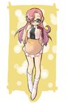  black_shirt blue_eyes blush border brown_skirt code_geass euphemia_li_britannia full_body kneehighs long_hair looking_at_viewer pink_hair salty_(cherrypie) shirt simple_background skirt smile solo standing sunglasses very_long_hair vest white_legwear yellow_background 