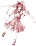  bow full_body gohei graphite_(medium) hair_bow hakurei_reimu hands long_hair mary_janes monochrome one_eye_closed shoes simple_background smile solo touhou traditional_media usaki_(ama) wide_sleeves 