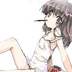  brown_hair copyright_request food lowres oekaki pocky solo yuugiri 