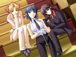  black_hair blonde_hair blue_eyes blue_hair chin_rest formal game_cg gloves hair_ribbon kiriya_erika kurogane_otome long_hair multiple_girls necktie pant_suit pink_eyes ponytail ribbon shironeko_sanbou short_hair sitting sitting_on_stairs smile stairs suit sword tsuyokiss weapon yashi_nagomi yellow_eyes 