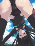  ar_tonelico ar_tonelico_ii armor ass bangs black_hair black_legwear breastplate breasts cloud crotch day dutch_angle floating_hair from_behind from_below hands_on_own_knees highleg highleg_leotard hijiri jakuri legs_apart leotard light_smile looking_at_viewer looking_back looking_through_legs outdoors outstretched_arms pauldrons purple_eyes sky small_breasts smile solo striped thighhighs top-down_bottom-up tree underboob underboob_cutout upside-down vertical_stripes 