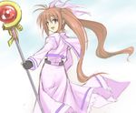  :d belt black_gloves brown_eyes brown_hair buckle capelet dress fingerless_gloves gloves left-handed long_sleeves looking_at_viewer lyrical_nanoha magical_girl mahou_shoujo_lyrical_nanoha_strikers open_mouth pink_dress polearm raising_heart rod satou_takeshi smile solo sphere staff takamachi_nanoha twintails uniform weapon 