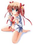  barefoot between_breasts blush bra breasts gift_between_breasts highres kamikita_komari lingerie little_busters! open_clothes open_shirt otoki_raku panties polka_dot ribbon shirt solo twintails underwear valentine 