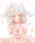  animal_ears blush bunny_ears dress inaba_tewi looking_at_viewer orimoto_asami pink_dress puffy_short_sleeves puffy_sleeves short_sleeves silver_eyes silver_hair simple_background sketch solo touhou v_arms white_background 