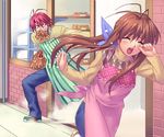  1girl antenna_hair apron bread brown_hair clannad food furukawa_akio furukawa_sanae hair_ornament hair_ribbon ribbon running tears zen 