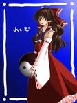  bow brown_eyes brown_hair character_name detached_sleeves from_side hair_bow hair_tubes hakurei_reimu holding japanese_clothes long_hair looking_at_viewer miko ribbon_trim sleeves_past_wrists solo touhou tsukiya_sakumi wavy_hair yin_yang yin_yang_orb 