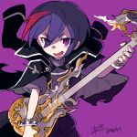  :d blue_hair bracelet character_request commentary_request copyright_request electric_guitar eyebrows_visible_through_hair eyes_visible_through_hair guitar holding holding_instrument instrument jacket_on_shoulders jewelry looking_at_viewer multicolored_hair music open_mouth playing_instrument purple_background purple_eyes reiesu_(reis) short_sleeves signature simple_background smile solo standing streaked_hair 