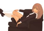  armchair bangs black_serafuku black_skirt blush brown_eyes brown_hair chair from_side grin kiriman_(souldeep) kneehighs loafers long_hair long_sleeves looking_at_viewer original pleated_skirt reclining school_uniform serafuku shoes simple_background skirt smile solo two_side_up white_background white_legwear 