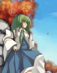  autumn autumn_leaves blue_skirt blue_sky day detached_sleeves green_eyes green_hair ken_(coffee_michikusa) kochiya_sanae long_sleeves looking_back nontraditional_miko outdoors plant skirt sky solo standing touhou tree 