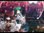  bow brown_hair gohei green_hair hair_bow hakurei_reimu kochiya_sanae kurudaz multiple_girls ofuda red_eyes rope shide shimenawa stairs torii touhou yasaka_kanako yellow_eyes 