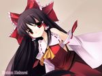  ascot bangs bare_shoulders black_hair bow character_name collarbone detached_sleeves dutch_angle frilled_bow frilled_shirt_collar frills hair_bow hakurei_reimu long_hair red_bow red_eyes red_ribbon red_shirt red_skirt ribbon ribbon-trimmed_clothes ribbon-trimmed_collar ribbon-trimmed_sleeves ribbon_trim sarashi seo_tatsuya shirt skirt smile solo touhou very_long_hair wallpaper white_collar white_sleeves yellow_neckwear 