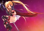 40010prototype bardiche between_legs blonde_hair cape fate_testarossa long_hair lyrical_nanoha mahou_shoujo_lyrical_nanoha no_panties red_eyes skirt solo thighhighs torn_clothes twintails 