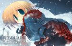  :o aqua_eyes bent_over black_legwear blonde_hair blush coat mittens original pantyhose plaid plaid_scarf plaid_skirt red_scarf sakaki_(noi-gren) scarf short_hair skirt snow snowing solo umbrella 