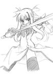  arisa_bannings burning_arisa greyscale lyrical_nanoha mahou_shoujo_lyrical_nanoha monochrome sketch solo sword thighhighs uka weapon yuuka_(o.t.kingdom) 