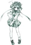  blush bow foreshortening frown graphite_(medium) hand_on_hip hat loafers looking_at_viewer monochrome open_mouth pigeon-toed pointing ribbon rod_of_remorse shiki_eiki shoes short_hair skirt socks solo standing touhou traditional_media usaki_(ama) 