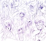  6+girls expressions gradient kawakami_shuuichi monochrome multiple_boys multiple_girls original purple sketch 