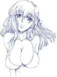  bikini blue breasts cleavage covered_nipples fate/stay_night fate_(series) hanzaki_jirou large_breasts long_hair matou_sakura monochrome parted_lips simple_background solo swimsuit upper_body white_background 