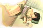  akamaru bare_shoulders barefoot black_hair blush copyright_request japanese_clothes kimono no_panties red_eyes short_hair solo 