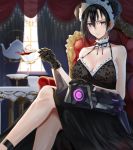  1girl agent_(girls_frontline) ankle_strap bare_arms bare_shoulders black_dress black_gloves black_hair blurry blurry_background blush breasts choker cleavage collarbone cup curtains day dinergate_(girls_frontline) double_bun dress elbow_rest girls_frontline gloves hair_between_eyes halter_dress highres holding holding_cup indoors large_breasts legs_crossed long_hair looking_at_viewer maid maid_headdress nikek96 parted_lips sangvis_ferri sitting spilling teacup teapot tsurime 