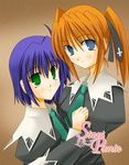  aoi_nagisa bad_anatomy black_dress blue_eyes blue_hair blush brown_background cosplay dress green_eyes green_neckwear guatemala long_hair long_sleeves looking_at_viewer lyrical_nanoha mahou_shoujo_lyrical_nanoha_strikers multiple_girls nakahara_mai necktie orange_hair saitou_chiwa seiyuu_connection short_hair simple_background strawberry_panic! subaru_nakajima teana_lanster tsukidate_chiyo 