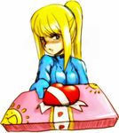  :o artist_request bangs blonde_hair blue_bodysuit blue_eyes blush bodysuit breasts embarrassed foreshortening gift giving gloves heart high_ponytail holding large_breasts long_hair looking_at_viewer metroid nose_blush open_mouth outstretched_arm samus_aran scrunchie shiny shiny_clothes sidelocks simple_background skin_tight solo sun tsundere turtleneck upper_body valentine white_background zero_suit 