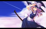  apron artist_request blonde_hair blue_sky bow braid broom cloud condensation_trail day frills hat kirisame_marisa letterboxed long_hair single_braid skirt sky solo touhou witch_hat yellow_eyes 