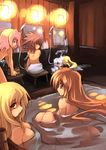  3girls bath blonde_hair blush caro_ru_lushe erio_mondial fate_testarossa ferret kouno_hikaru long_hair lyrical_nanoha mahou_shoujo_lyrical_nanoha_strikers mixed_bathing multiple_girls onsen pink_hair red_eyes shower_head takamachi_nanoha towel tub water yuuno_scrya 