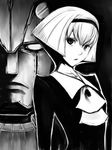  android big_o_(mecha) black_background black_eyes bob_cut fumio_(rsqkr) greyscale hair_between_eyes hairband looking_at_viewer mecha monochrome parted_lips r_dorothy_wayneright short_hair the_big_o upper_body 