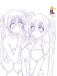  armlet artist_request bare_shoulders blush bodysuit breasts cleavage fate_testarossa large_breasts looking_at_viewer lyrical_nanoha magical_girl mahou_shoujo_lyrical_nanoha_strikers monochrome multiple_girls own_hands_together purple sidelocks simple_background skin_tight takamachi_nanoha twintails white_background 
