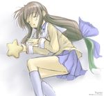  :o ass blue_skirt blush clannad closed_eyes from_behind hikarizaka_private_high_school_uniform ibuki_fuuko kneehighs long_hair long_sleeves low-tied_long_hair parted_lips satou_takeshi school_uniform simple_background skirt sleeping solo star starfish very_long_hair white_background white_legwear 