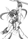  bow fingerless_gloves gloves greyscale left-handed lyrical_nanoha magical_girl mahou_shoujo_lyrical_nanoha mahou_shoujo_lyrical_nanoha_a's monochrome raising_heart sketch solo takamachi_nanoha twintails yuuka_(o.t.kingdom) 