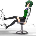  1girl :d a1 bangs black_legwear blunt_bangs blush bow bowtie breasts buttons chair chair_in_motion collared_shirt dark_green_hair dress_shirt from_side full_body green_hair happy headset idolmaster idolmaster_(classic) idolmaster_1 legs_up long_sleeves looking_at_viewer looking_back medium_breasts microphone mole mole_under_mouth motion_lines name_tag office_chair open_mouth otonashi_kotori pencil_skirt red_eyes sandals shadow shirt shoe_dangle short_hair simple_background sitting skirt smile solo speed_lines thighhighs vest white_background zettai_ryouiki 