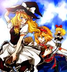  alice_margatroid blonde_hair book broom broom_riding cloud dada_(dolce) day hat kirisame_marisa lens_flare multiple_girls shanghai_doll sky source_request touhou witch witch_hat 