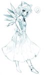  1girl bow cirno dress graphite_(medium) hair_bow hands_on_hips looking_at_viewer monochrome short_hair smile solo touhou traditional_media usaki_(ama) wings 