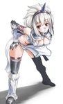  boots breasts brown_eyes cleavage gloves hairband hijiri horn kirin_(armor) large_breasts leaning_forward monster_hunter silver_hair solo thighhighs toned 