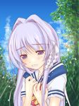  :o blue_sky blush clannad cloud day eyebrows_visible_through_hair fujibayashi_kyou hair_intakes hikarizaka_private_high_school_uniform long_hair open_mouth outdoors plant sailor_collar school_uniform serafuku shirt short_sleeves sky solo tears tree upper_body very_long_hair white_shirt yumesato_makura 